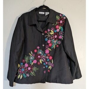 Units Women's Jacket‎ Large Black/Multi Vibrant Embroidered Floral Accents NWOT